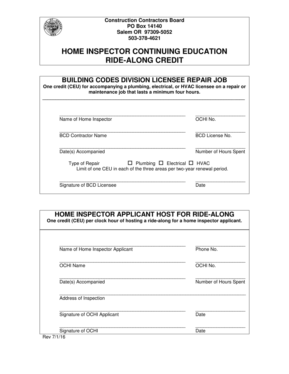 Home Inspector Continuing Education Ride-Along Credit Form - Oregon, Page 1