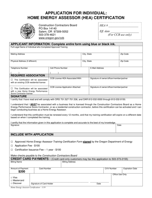 Application for Individual: Home Energy Assessor (Hea) Certification - Oregon Download Pdf