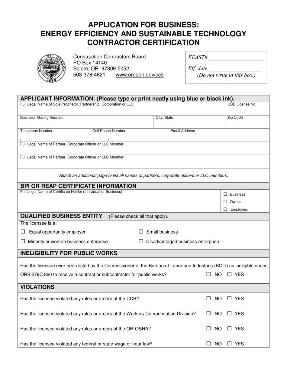 Application for Business: Energy Efficiency and Sustainable Technology Contractor Certification - Oregon, Page 1