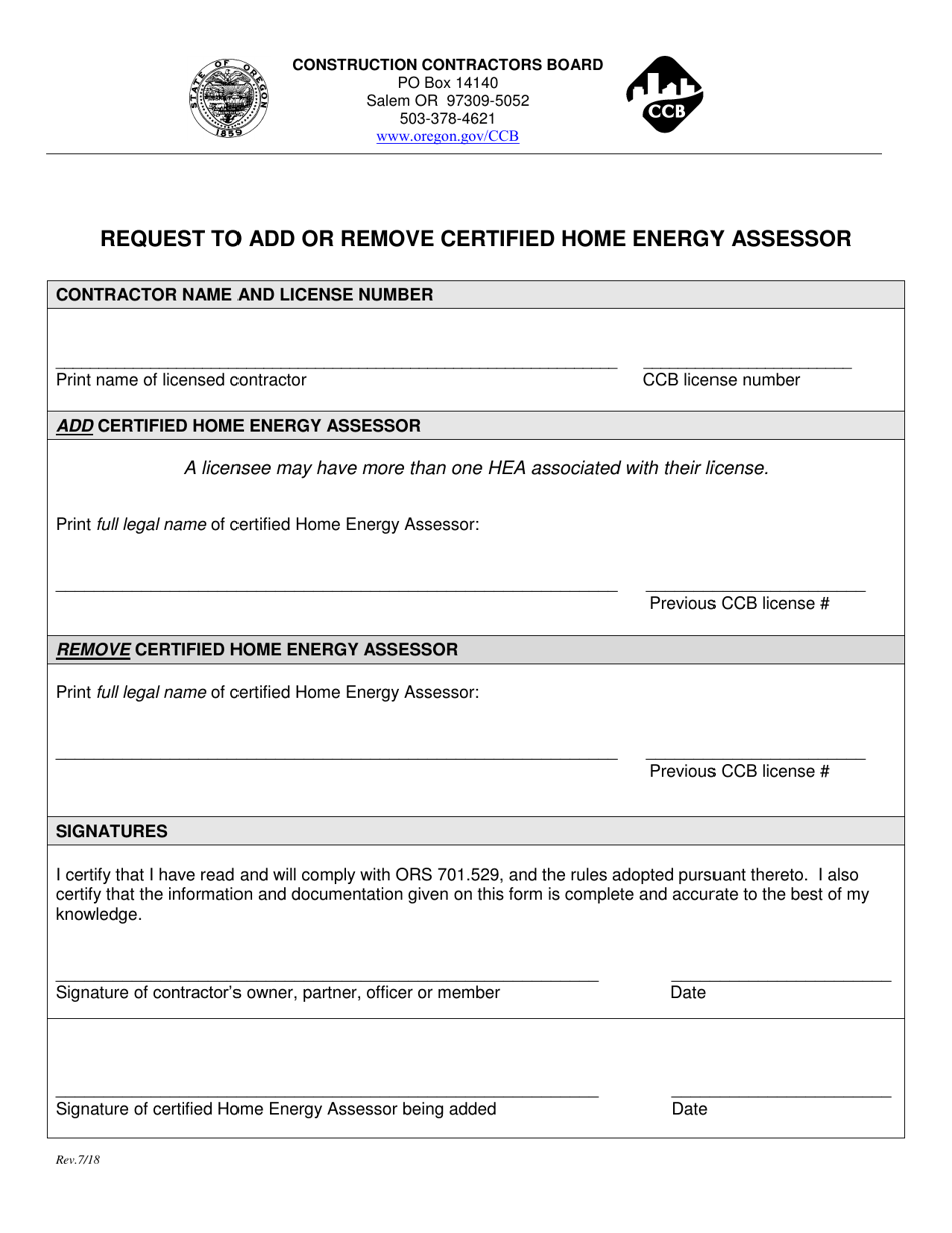 Request to Add or Remove Certified Home Energy Assessor - Oregon, Page 1