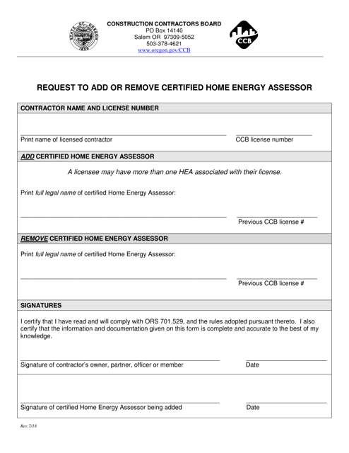Request to Add or Remove Certified Home Energy Assessor - Oregon Download Pdf