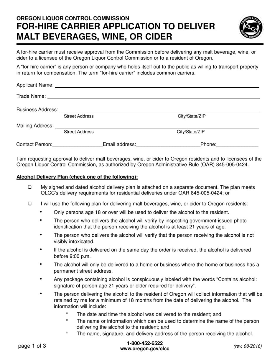 For-Hire Carrier Application to Deliver Malt Beverages, Wine, or Cider - Oregon, Page 1