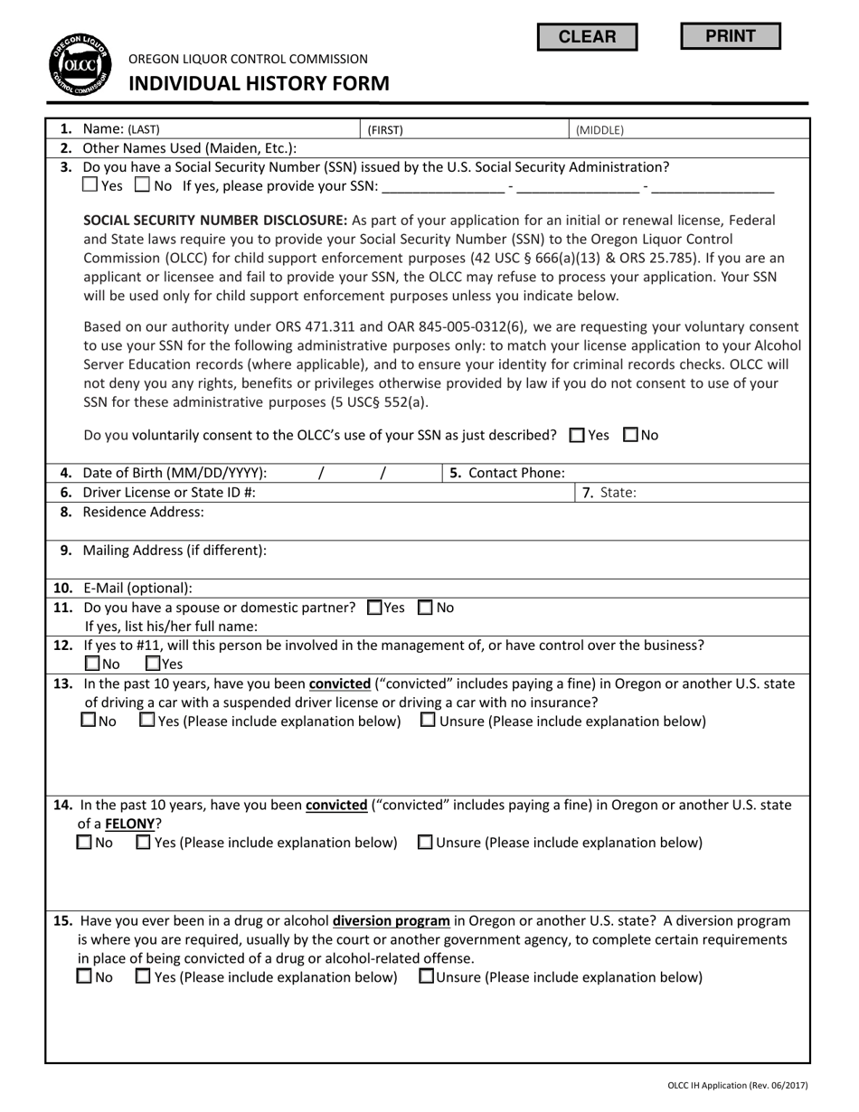 Individual History Form - Oregon, Page 2