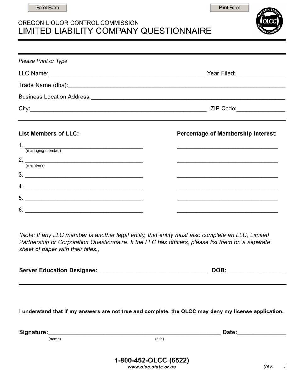 Limited Liability Company (LLC) Questionnaire - Oregon, Page 2