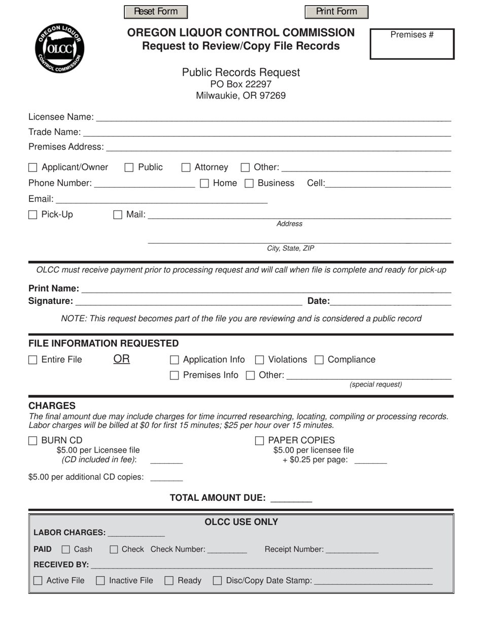 Request to Review / Copy File Records - Oregon, Page 1