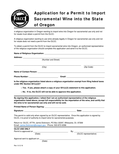 "Application for a Permit to Import Sacramental Wine Into the State of Oregon" - Oregon Download Pdf