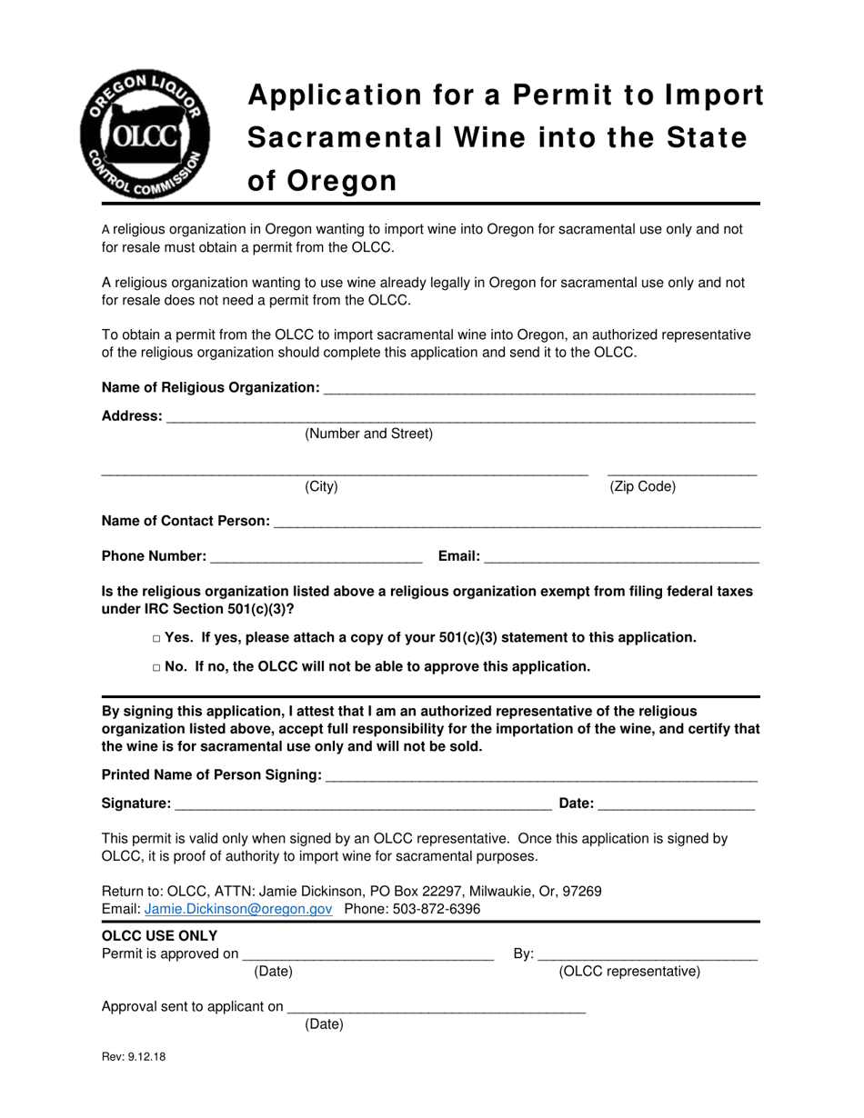 Application for a Permit to Import Sacramental Wine Into the State of Oregon - Oregon, Page 1