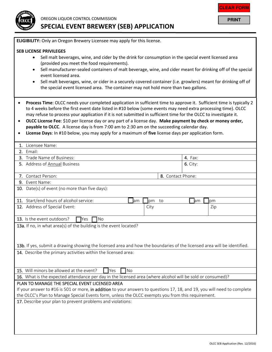 Special Event Brewery (Seb) Application - Oregon, Page 1