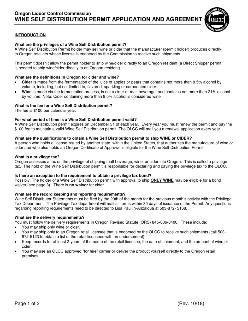 Oregon Wine Self Distribution Permit Application and Agreement Fill