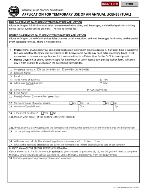 Application for Temporary Use of an Annual License (Tual) - Oregon Download Pdf
