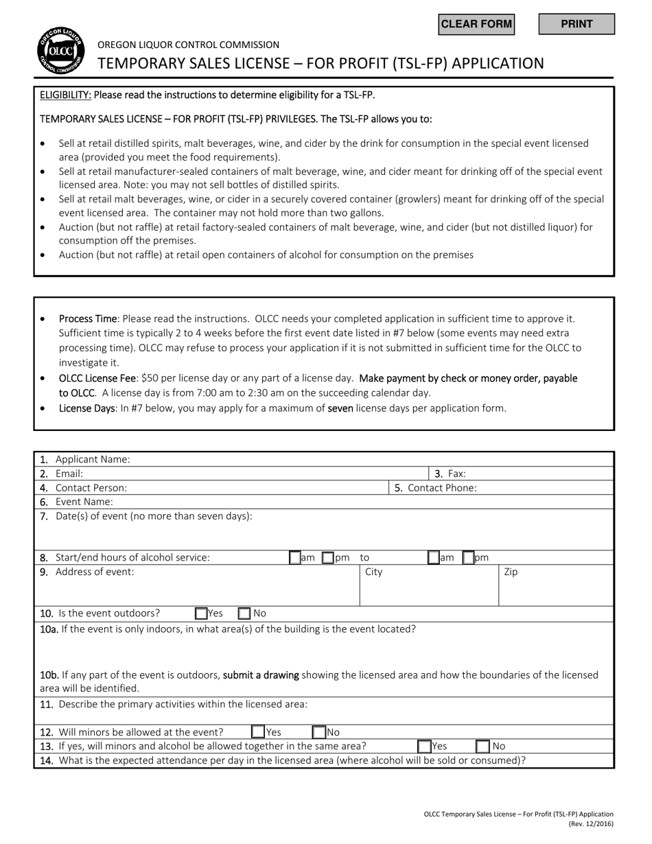 Form TSL-FP Temporary Sales License - for Profit (Tsl-fp) Application - Oregon, Page 5