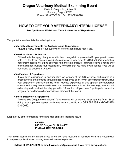Veterinary Intern License Packet - Oregon Download Pdf