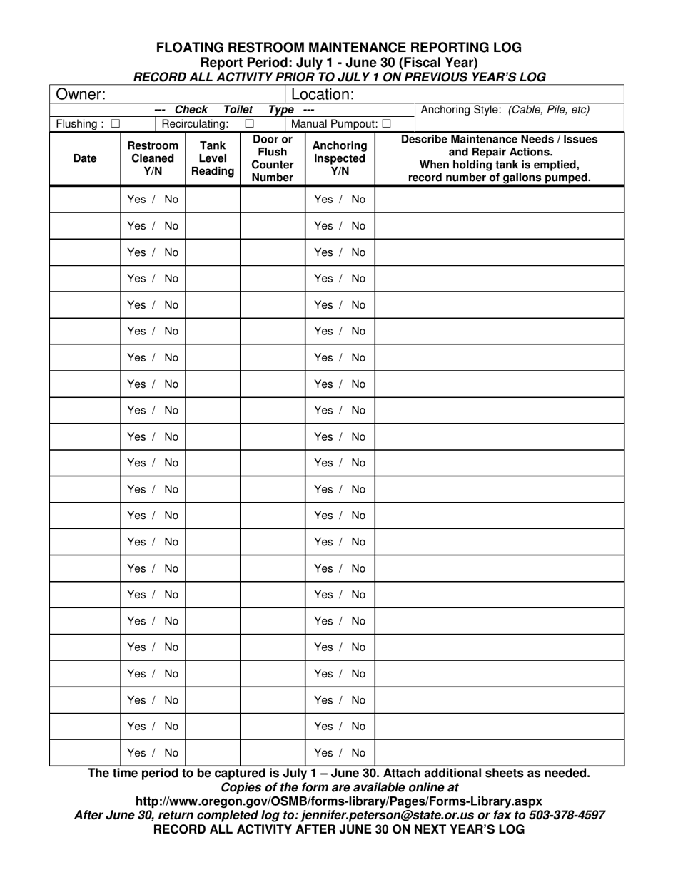 Oregon Floating Restroom Maintenance Reporting Log Download Printable 