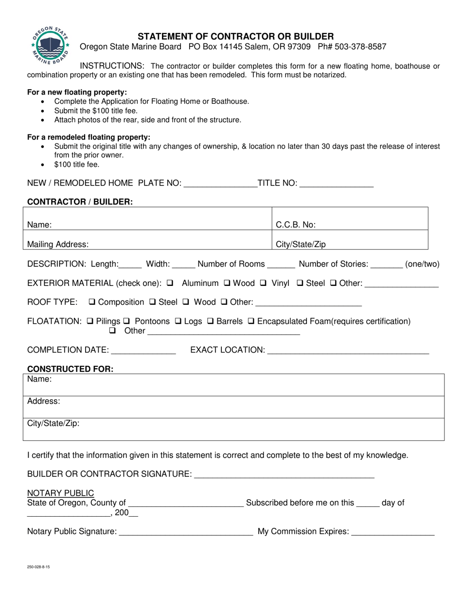 Form 250-028 Statement of Contractor or Builder - Oregon, Page 1