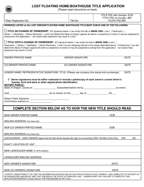 Form 250-027 Lost Floating Home/Boathouse Title Application - Oregon