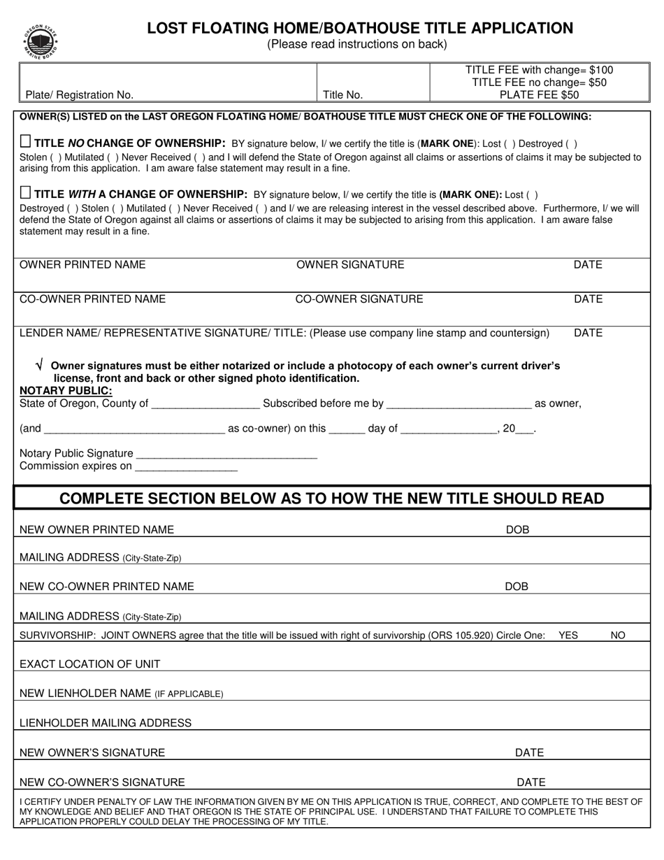 Form 250-027 Lost Floating Home / Boathouse Title Application - Oregon, Page 1