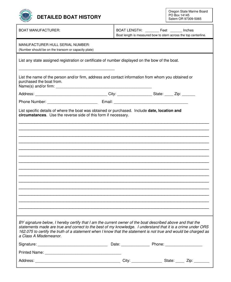 Oregon Detailed Boat History Form Fill Out, Sign Online and Download