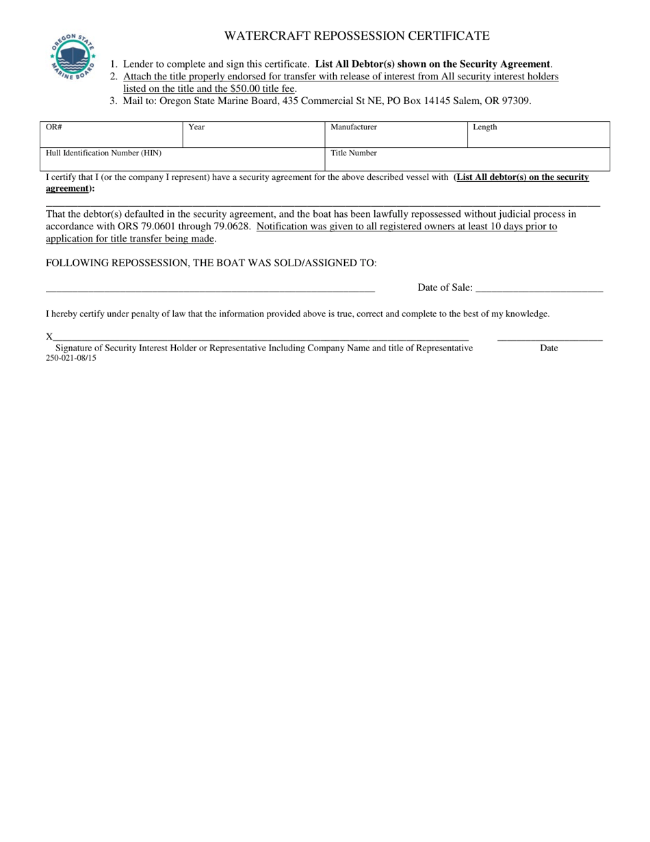 Watercraft Repossession Certificate Form - Oregon, Page 1