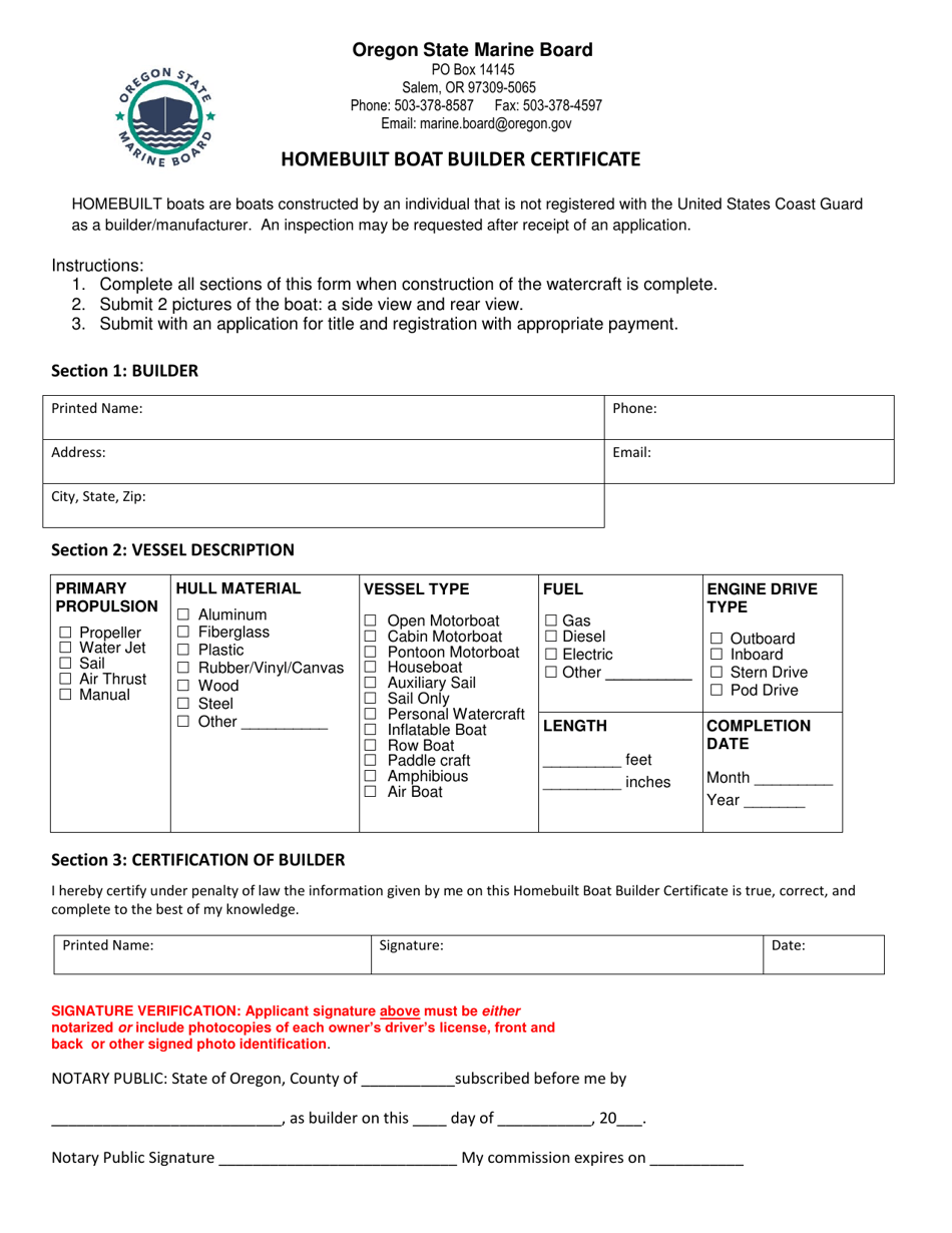 Homebuilt Boat Builder Certificate Form - Oregon, Page 1