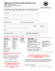 Document preview: Application for Oregon Boater Education Card - Oregon