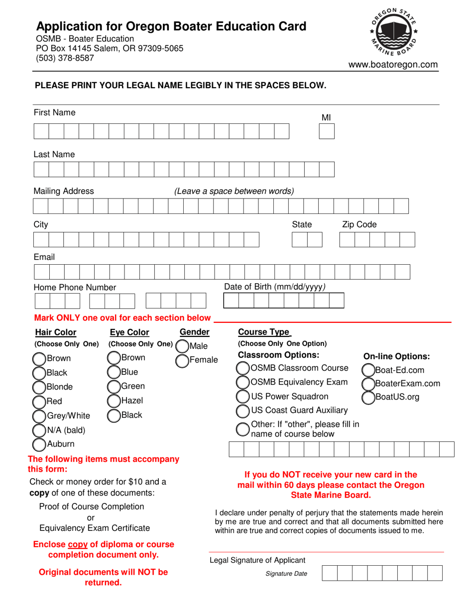 Oregon Application for Oregon Boater Education Card Fill Out, Sign