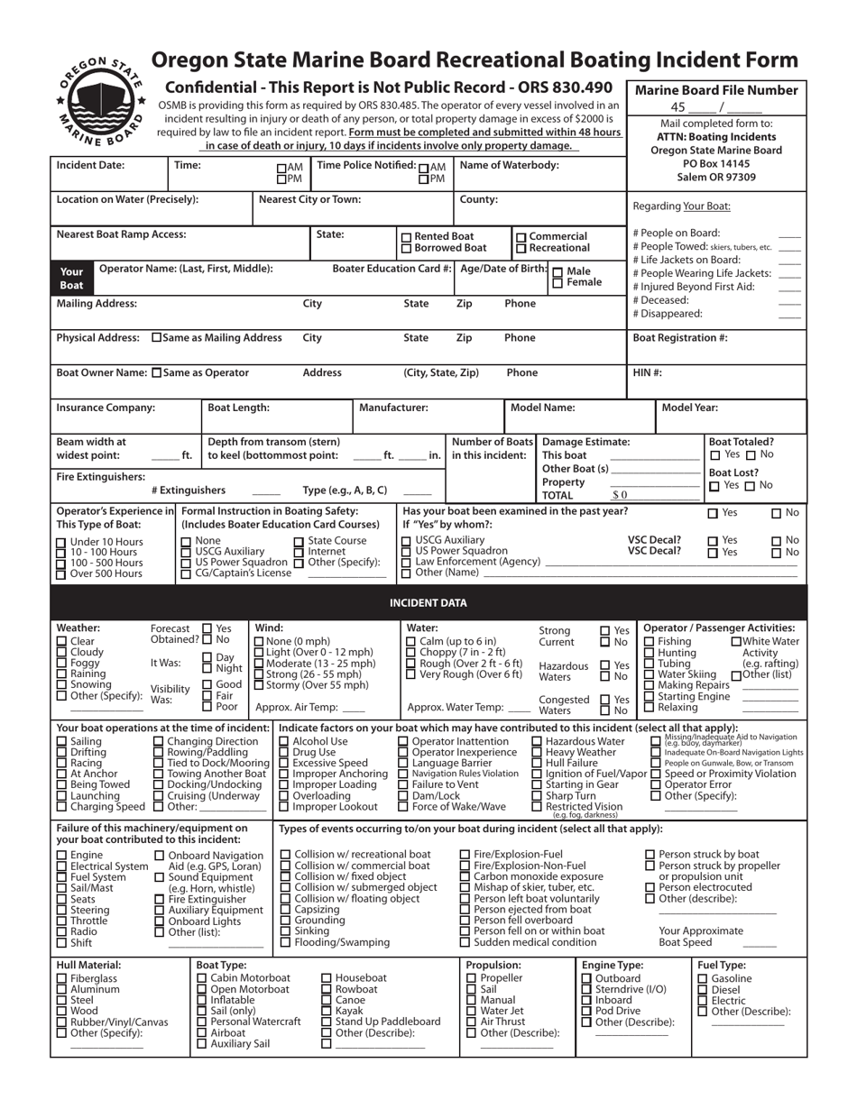 Oregon Oregon State Marine Board Recreational Boating Incident Form