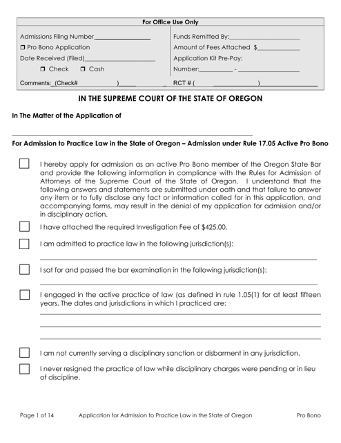 Application for Admission to Practice Law in the State of Oregon - Out-of-State Active Pro Bono - Oregon Download Pdf