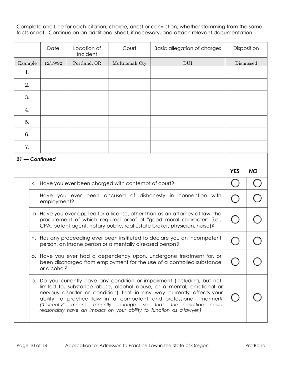 Application for Admission to Practice Law in the State of Oregon - Out-of-State Active Pro Bono - Oregon, Page 10