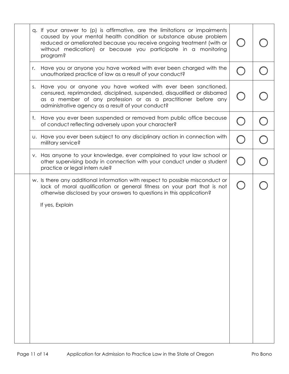 Application for Admission to Practice Law in the State of Oregon - Out-of-State Active Pro Bono - Oregon, Page 11