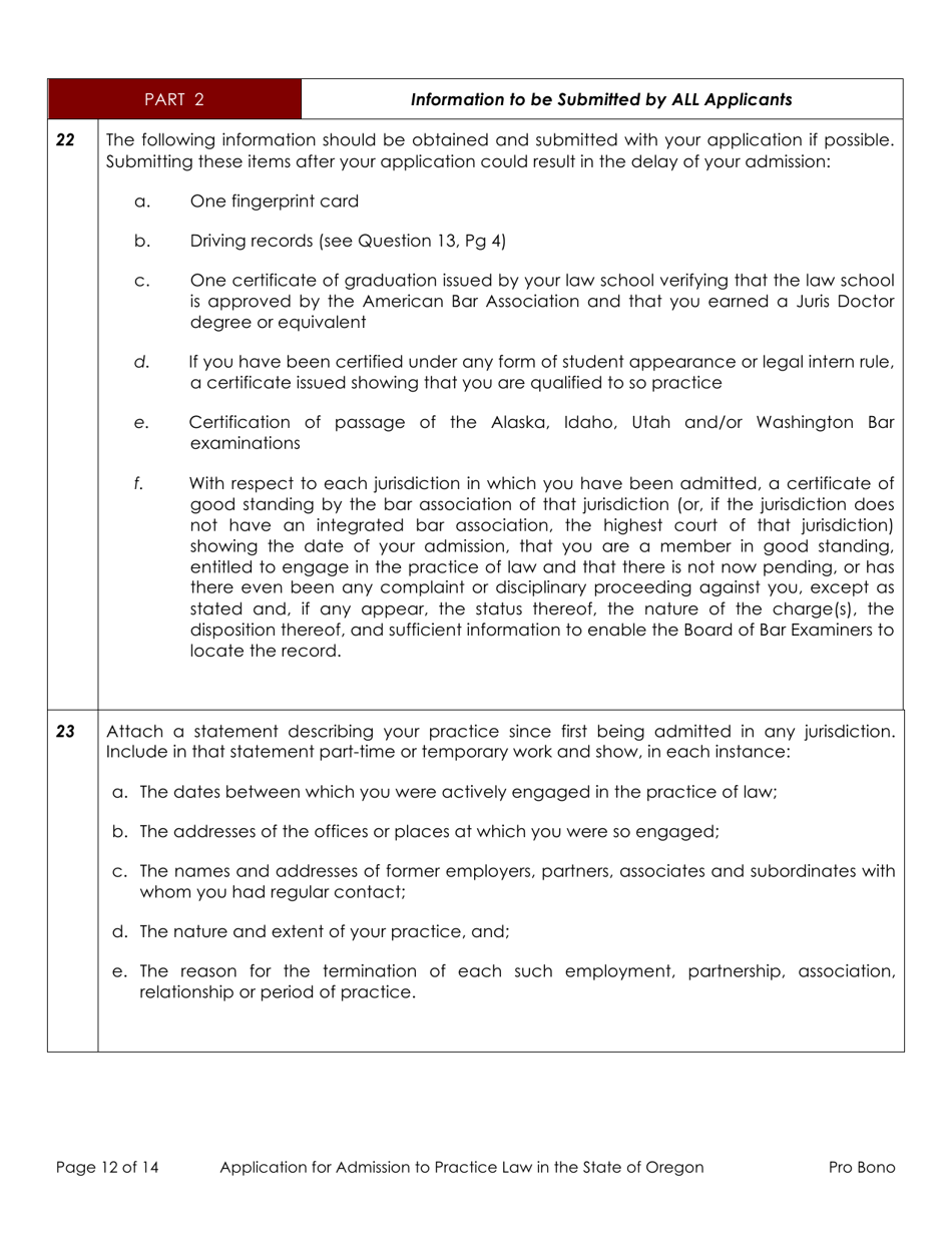 Application for Admission to Practice Law in the State of Oregon - Out-of-State Active Pro Bono - Oregon, Page 12