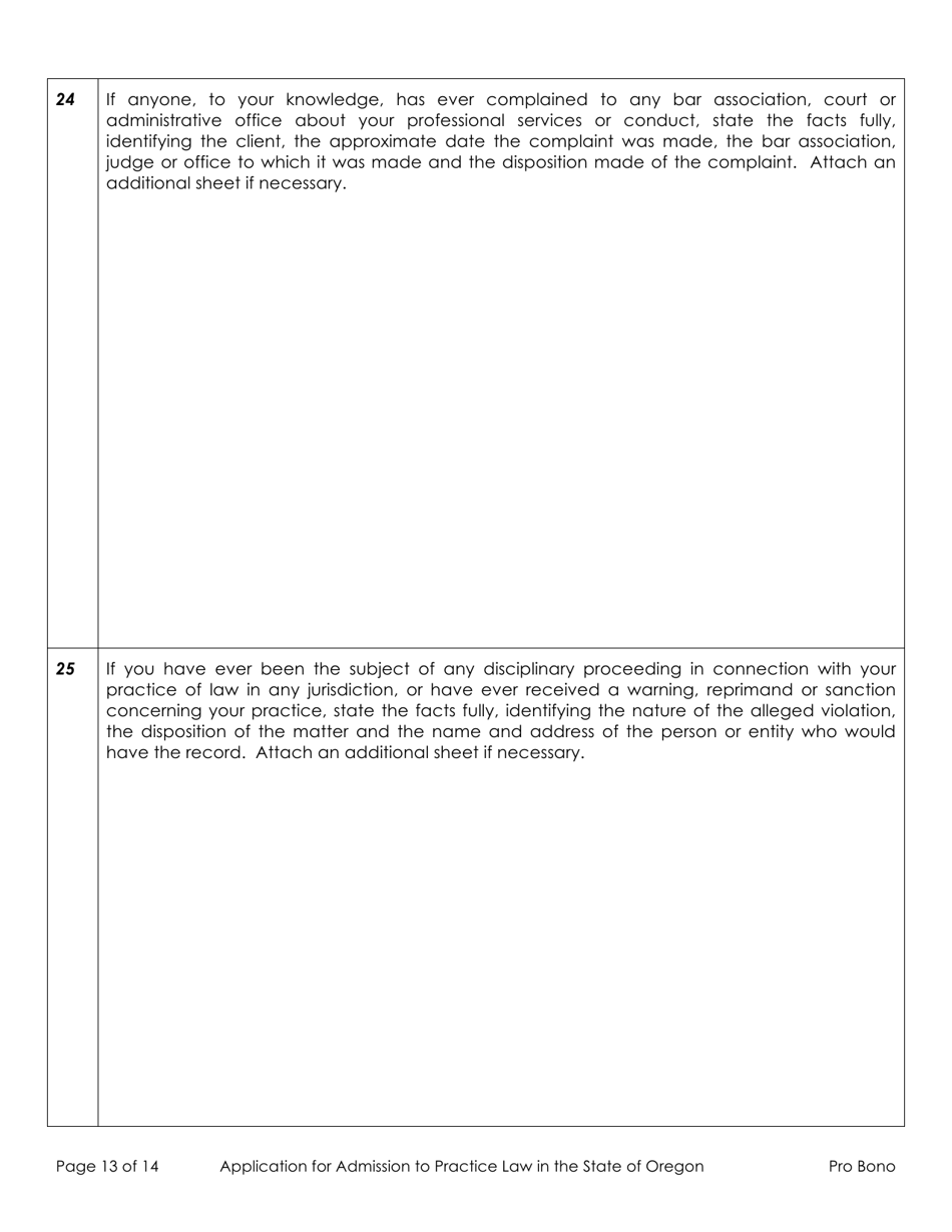 Application for Admission to Practice Law in the State of Oregon - Out-of-State Active Pro Bono - Oregon, Page 13