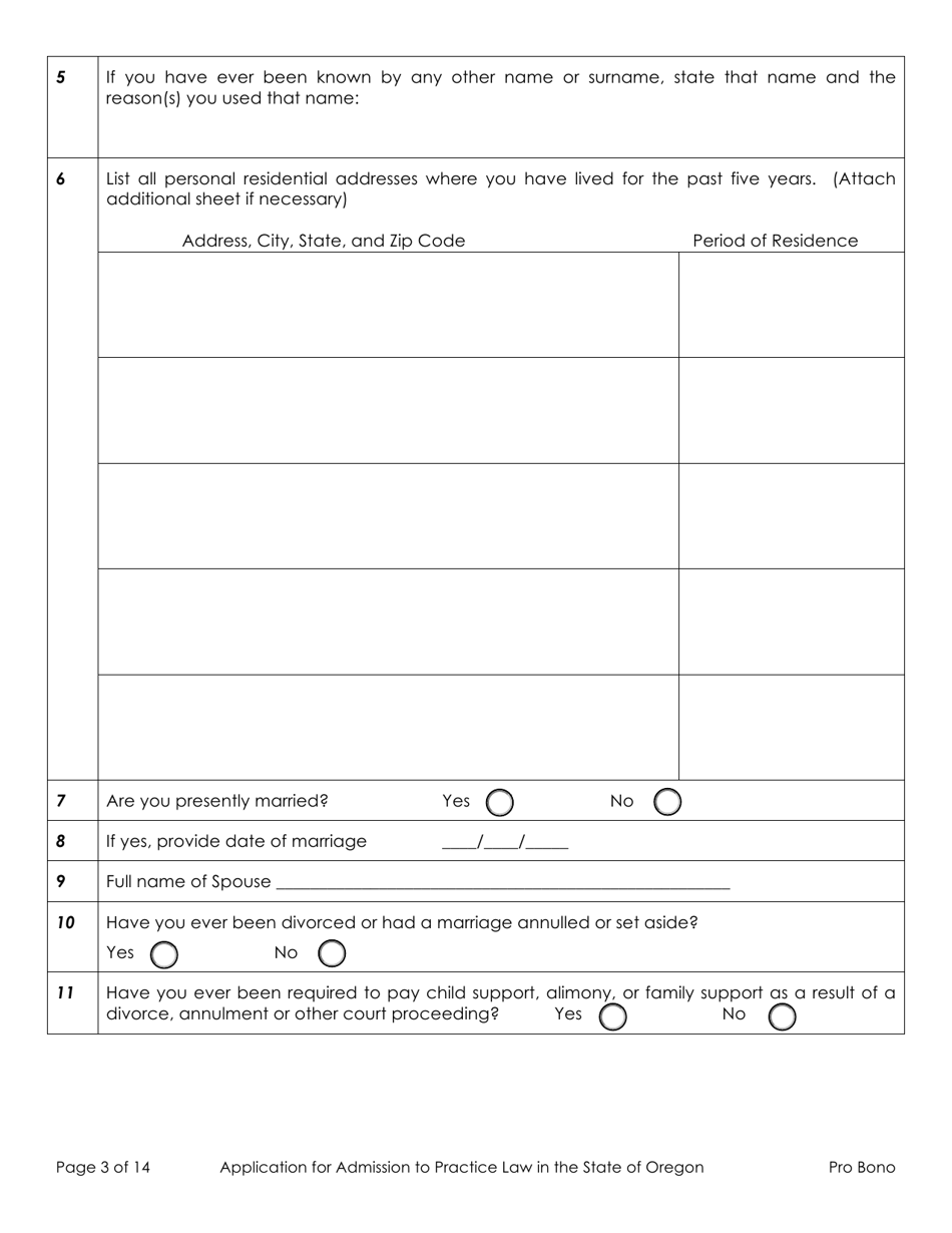 Application for Admission to Practice Law in the State of Oregon - Out-of-State Active Pro Bono - Oregon, Page 3