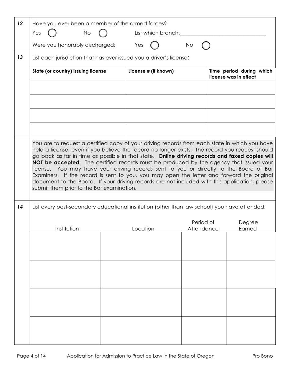 Application for Admission to Practice Law in the State of Oregon - Out-of-State Active Pro Bono - Oregon, Page 4