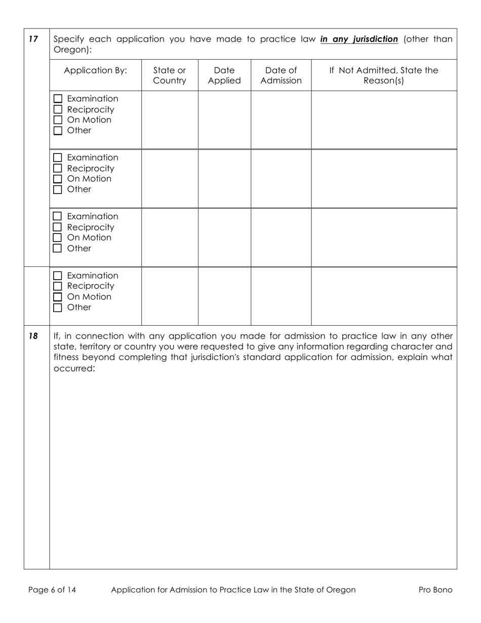Application for Admission to Practice Law in the State of Oregon - Out-of-State Active Pro Bono - Oregon, Page 6