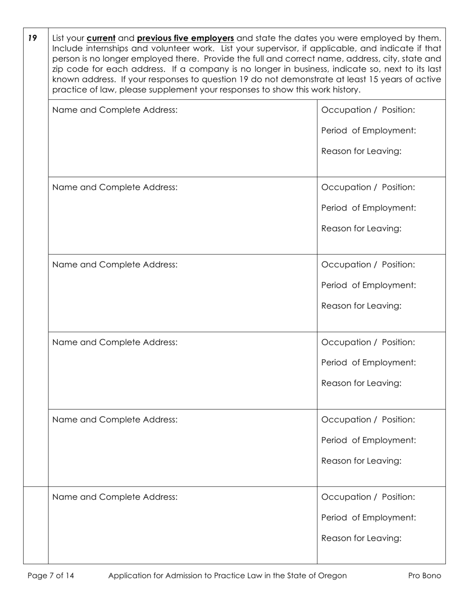 Application for Admission to Practice Law in the State of Oregon - Out-of-State Active Pro Bono - Oregon, Page 7