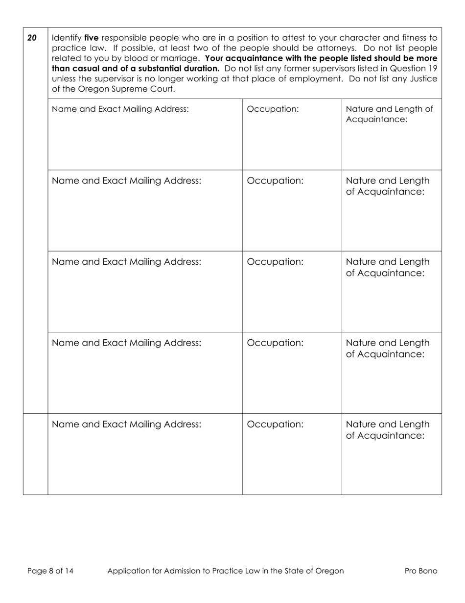Application for Admission to Practice Law in the State of Oregon - Out-of-State Active Pro Bono - Oregon, Page 8