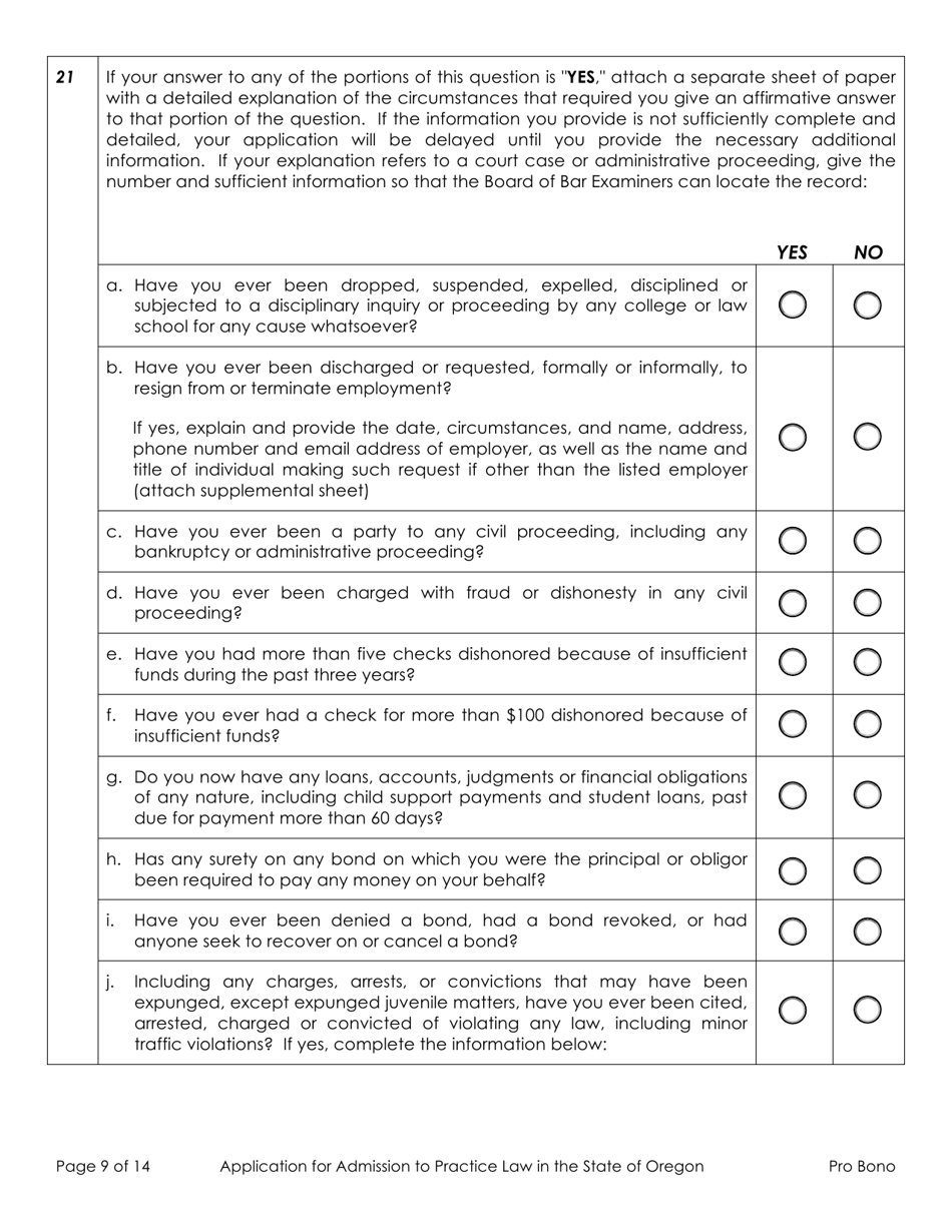 Application for Admission to Practice Law in the State of Oregon - Out-of-State Active Pro Bono - Oregon, Page 9