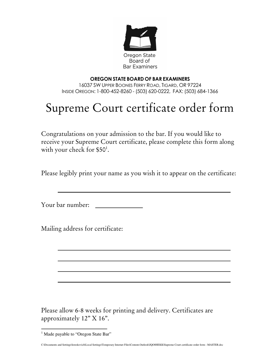 Supreme Court Certificate Order Form - Oregon, Page 1
