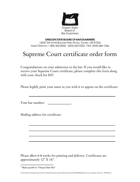 Supreme Court Certificate Order Form - Oregon Download Pdf