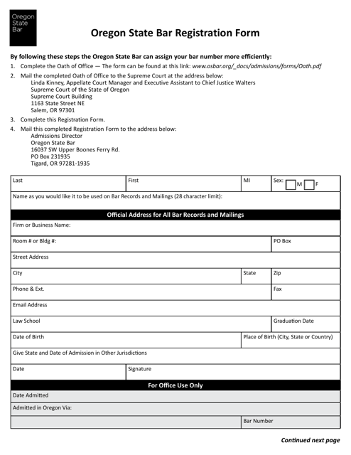 Oregon State Bar Registration Form - Oregon