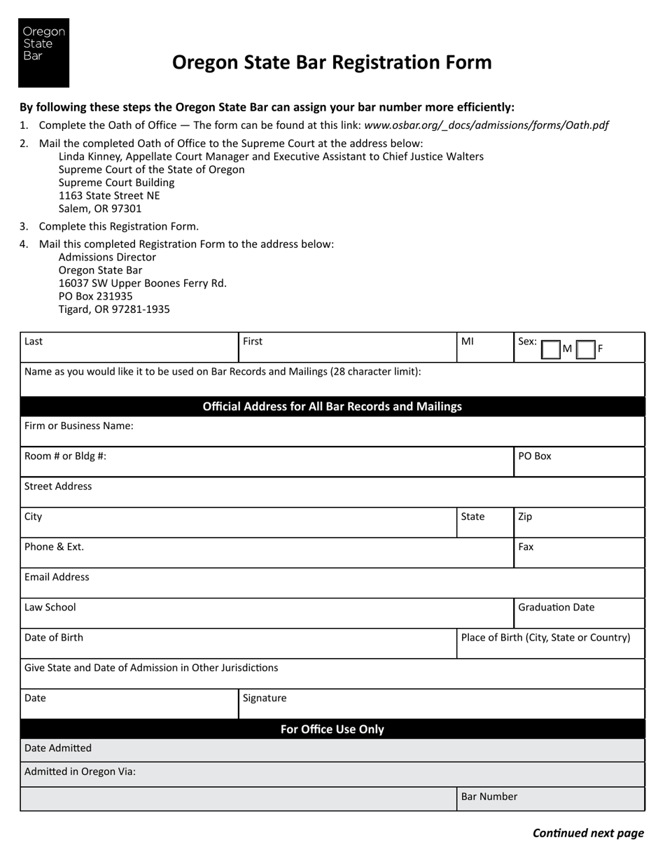 Oregon State Bar Registration Form - Oregon, Page 1
