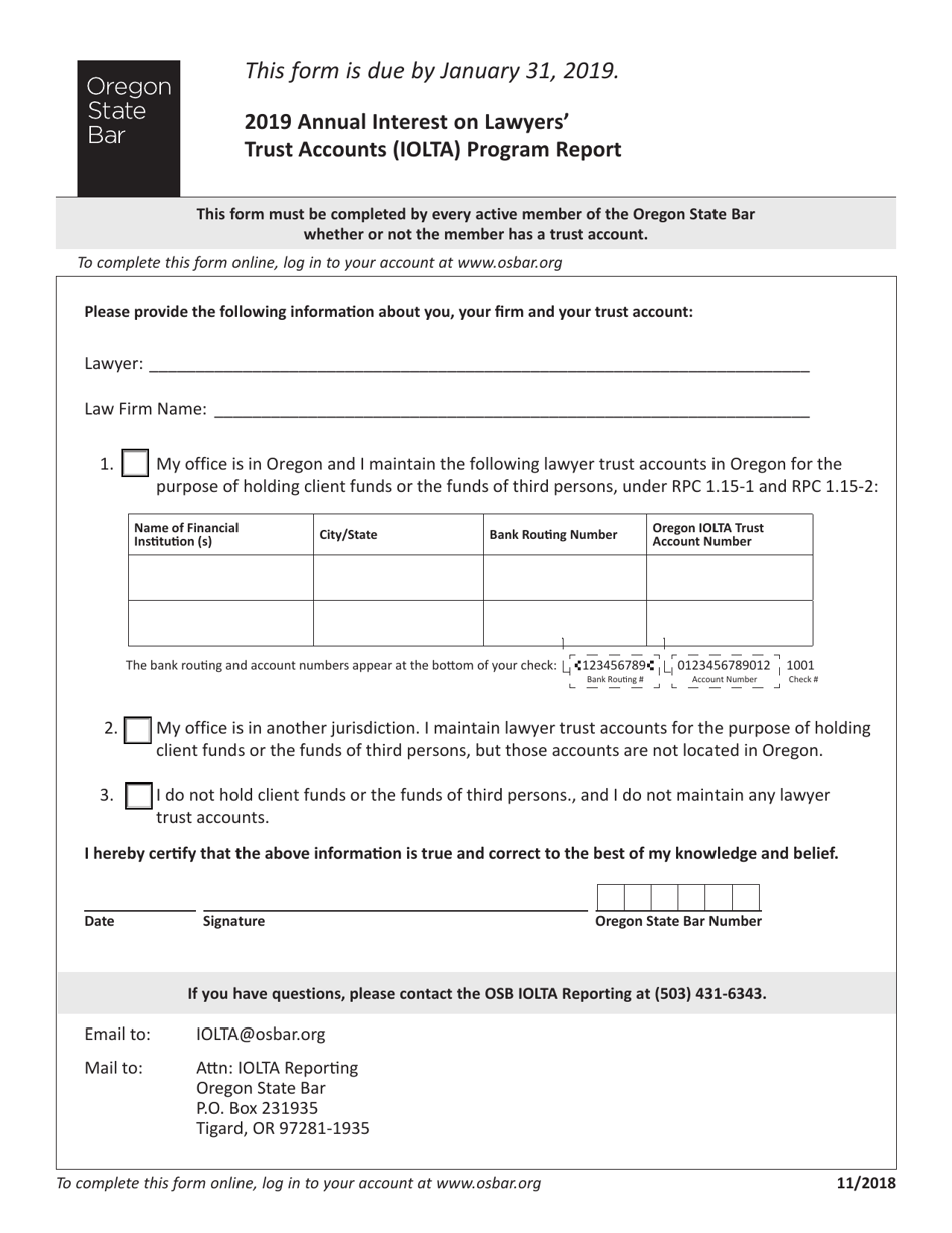 Annual Interest on Lawyers Trust Accounts (Iolta) Program Report Form - Oregon, Page 1