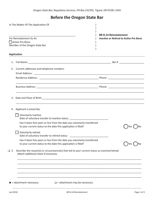 Br 8.14 Reinstatement Form - Inactive or Retired to Active Pro Bono - Oregon Download Pdf