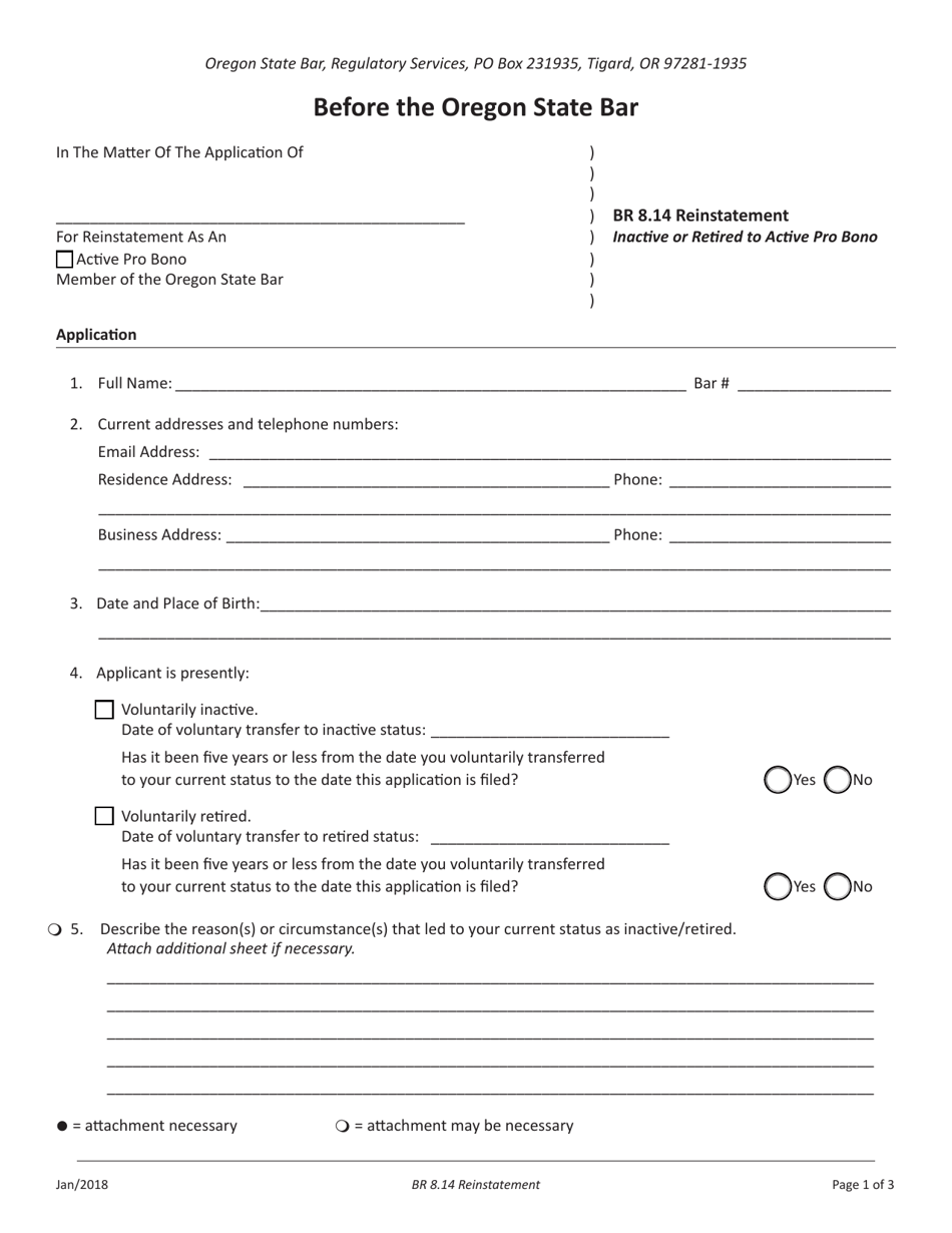 Br 8.14 Reinstatement Form - Inactive or Retired to Active Pro Bono - Oregon, Page 1