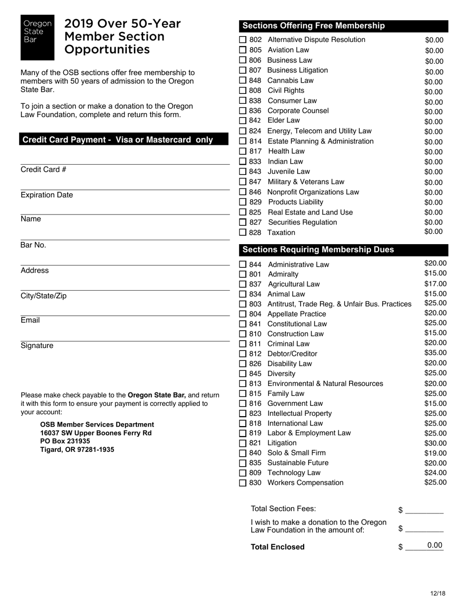 Over 50-year Member Section Membership Application Form - Oregon, Page 1