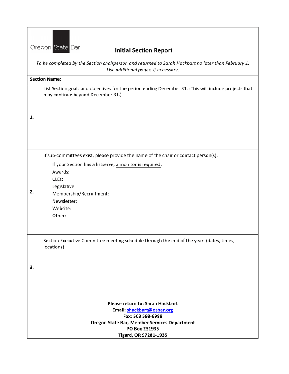 Initial Section Report Form - Oregon, Page 1