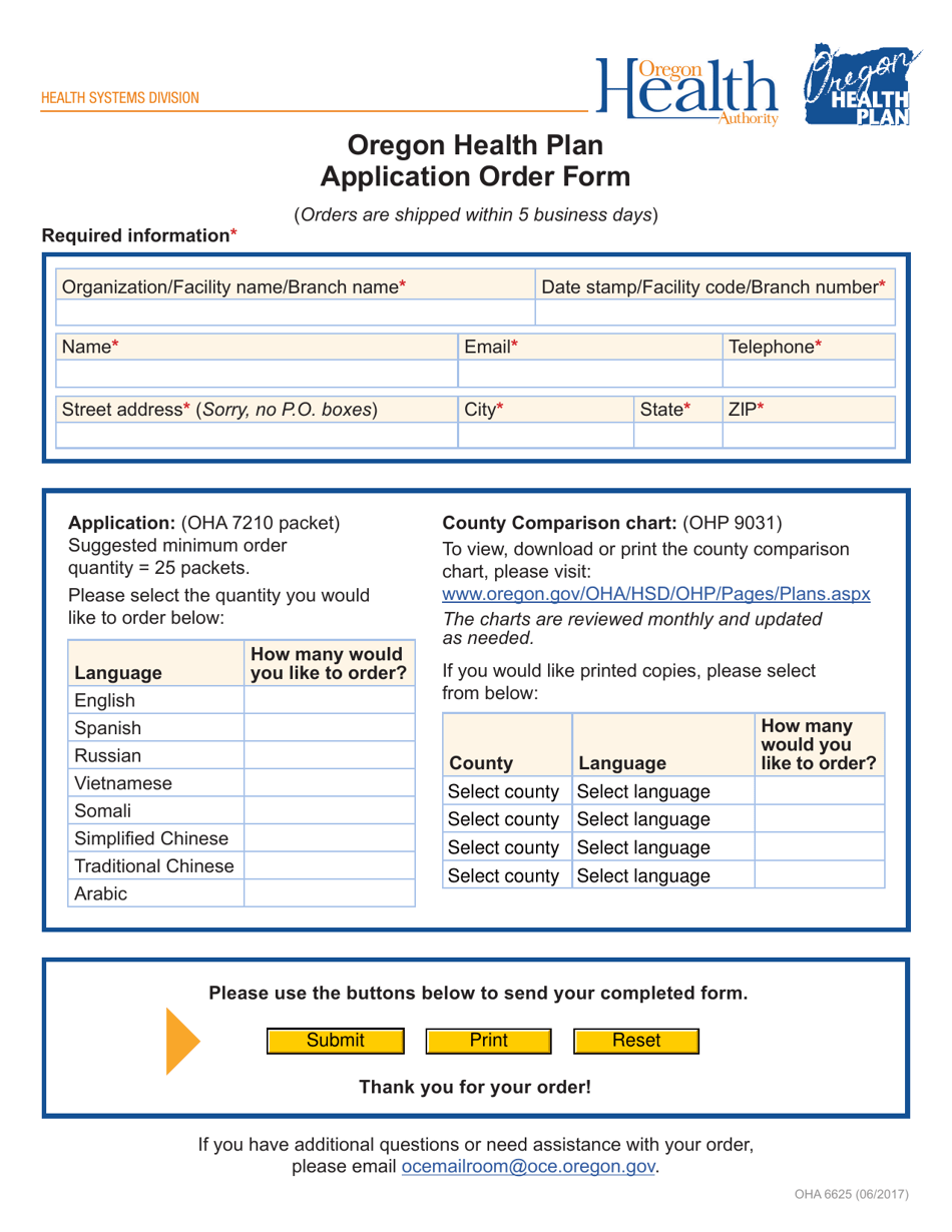 Form OHA6625 Oregon Health Plan Application Order Form - Oregon, Page 1