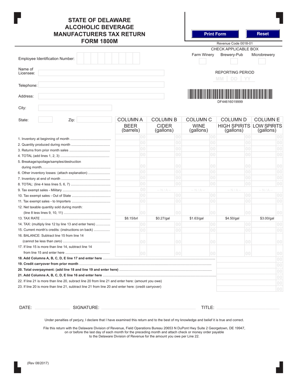Form 1800M Alcoholic Beverage Manufacturers Tax Return - Delaware, Page 1