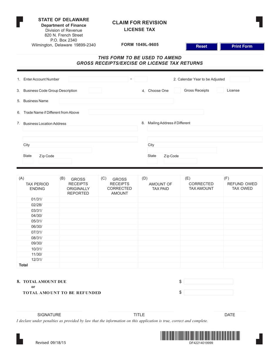 Form 1049L-9605 Claim for Revision - License Tax - Delaware, Page 1
