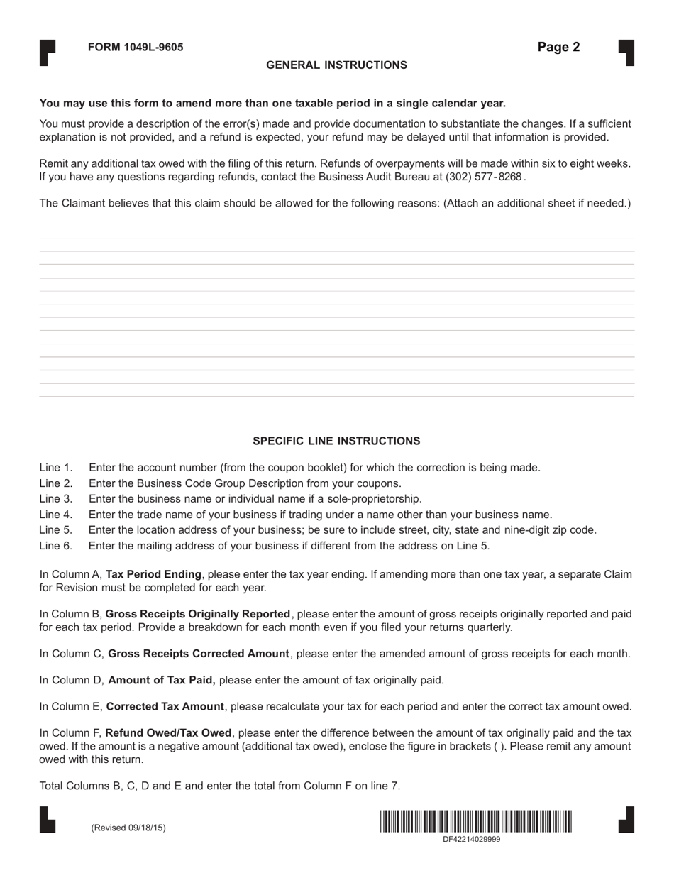Form 1049L-9605 Claim for Revision - License Tax - Delaware, Page 2